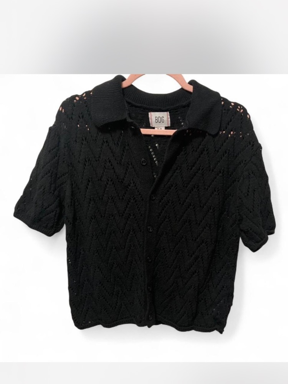 BDG Black Openwork Knit Button Front Polo Top cardigan